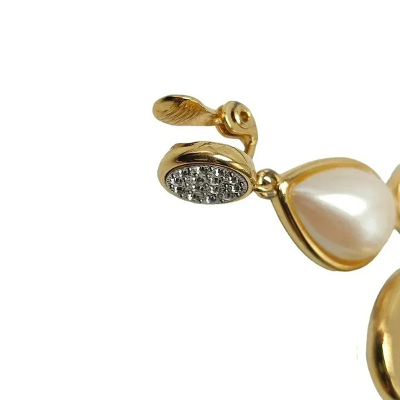 Monet Faux Pearl Clear Rhinestone Dangle Drop Earrings Gold Tone Vintage - Picture 5 of 6